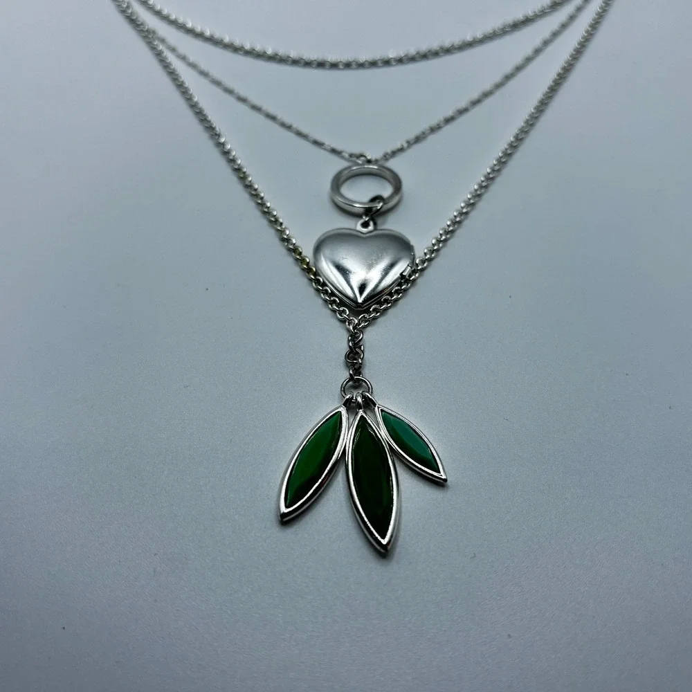 Apt. 9 Silver Tone Triple Strand Layered Heart Locket‎ Green Leaf Necklace 19